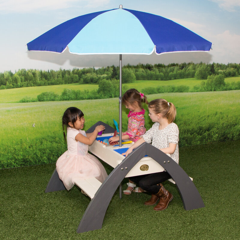2in1 Kinder-Picknicktisch und Sand-Wasser-Spieltisch Delta Bogenform Holz inkl- Sonnenschirm