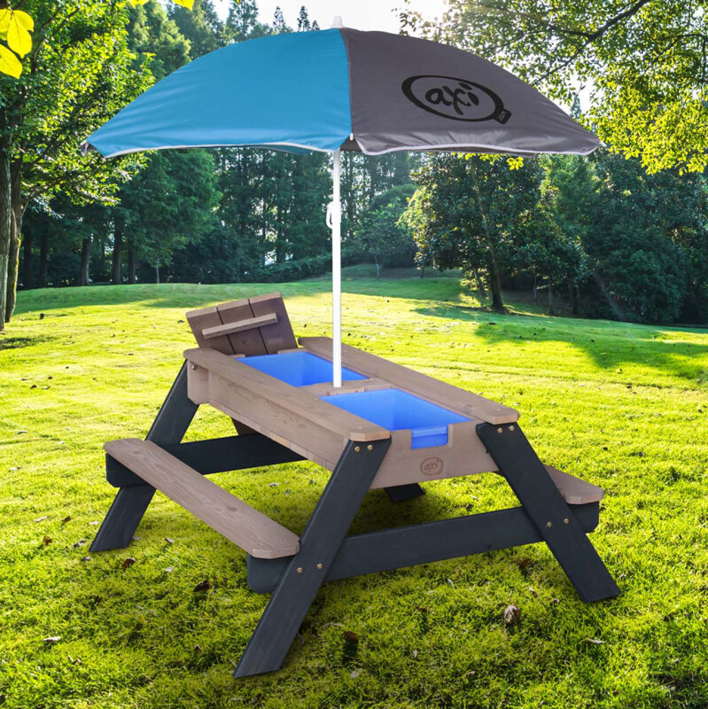 2in1 Kinder-Picknicktisch und Sand-Wasser-Spieltisch Nick Holz grau blau inkl- Sonnenschirm