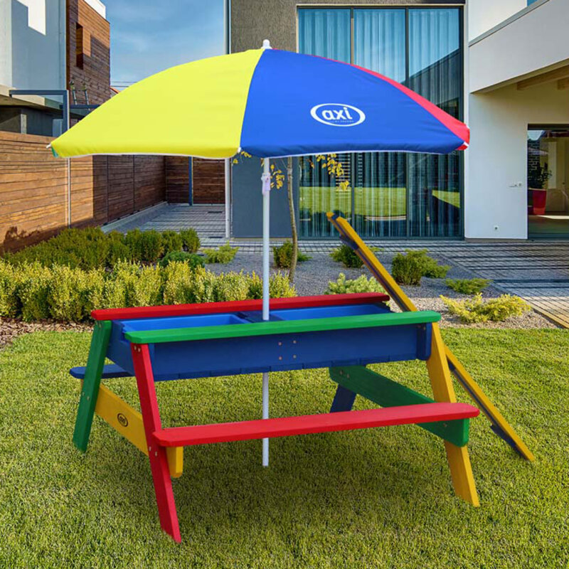 2in1 Kinder-Picknicktisch und Sand-Wasser-Spieltisch Nick Holz regenbogenbunt inkl- Sonnenschirm