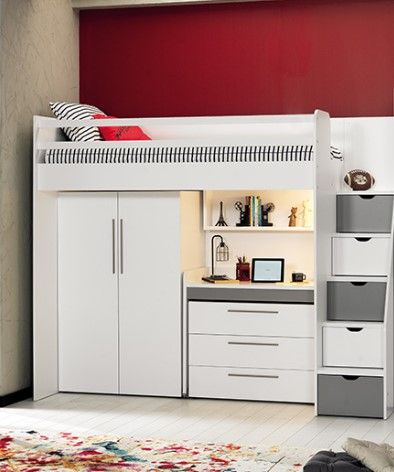 Almila Hochbett Set Neo mit Kleiderschrank Weiss Grau