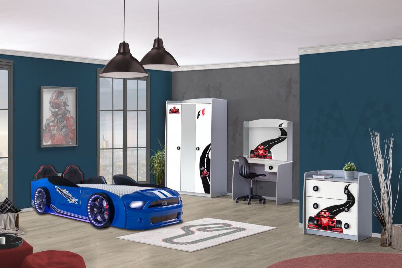 Autobettzimmer Must Rider Turbo 4-teilig in Weiss-Blau