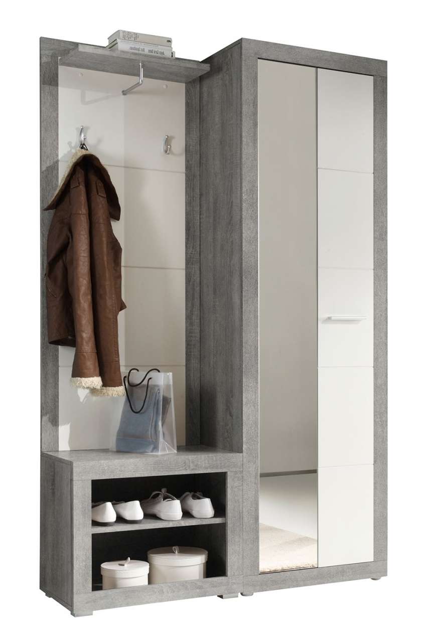 Garderobe B 120 x H 194 cm- Weiss Hochglanz- Beton- mit Spiegel unter Mbel > Garderobe & Flur > Kompakt-Garderobe