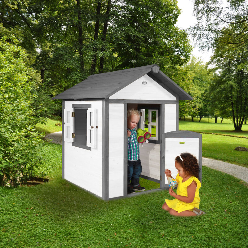Garten-Spielhaus Lodge Klassisch Gartenhütte für Kinder Holz Grau Weiss