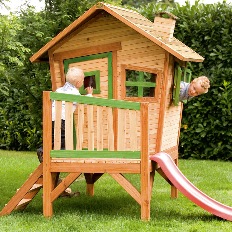 Garten-Spielhaus Robin fr Kinder asymmetrisch Holz Braun Grn mit Rutsche