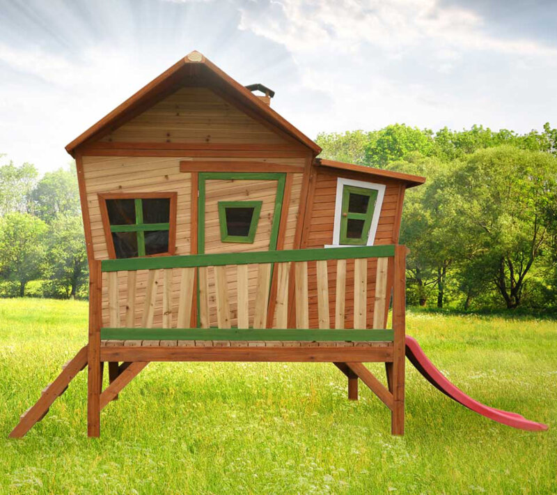 Garten-Spielhaus Stelzenhaus Emma asymmetrisch Holz Braun Grn mit Veranda- Anbau und Rutsche