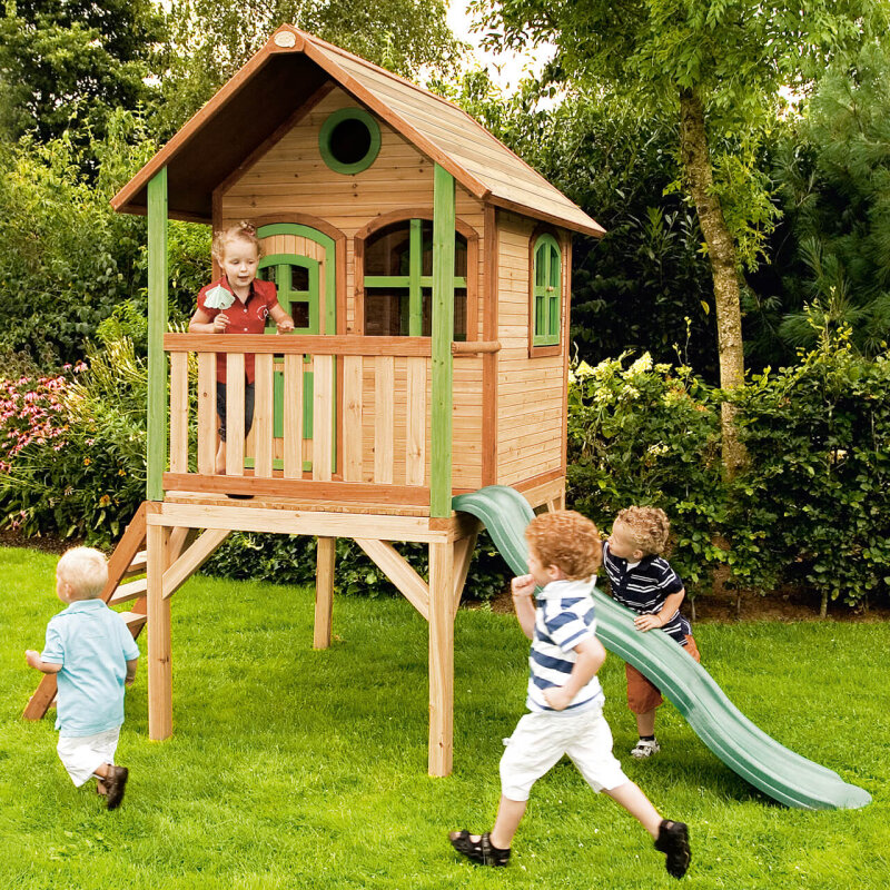 Garten-Spielhaus Stelzenhaus Laura Holz Braun Grn mit Veranda und Rutsche