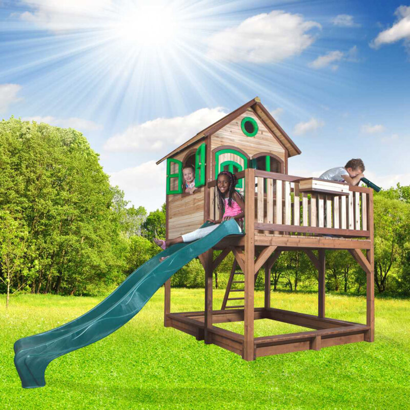 Garten-Spielhaus Stelzenhaus Liam Holz Braun Grn mit Sandkasten- Veranda und Rutsche