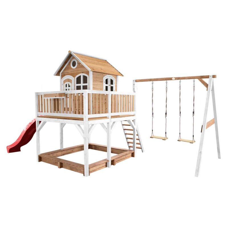 Garten-Spielhaus Stelzenhaus Liam Holz Braun Weiss mit Sandkasten- Doppelschaukel und Rutsche Rot
