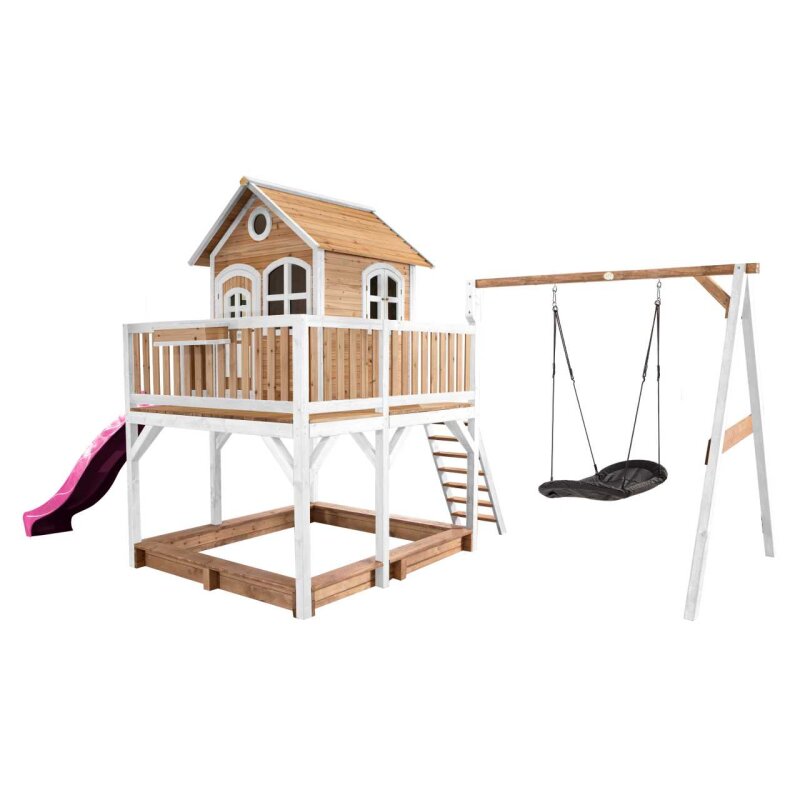 Garten-Spielhaus Stelzenhaus Liam Holz Braun Weiss mit Sandkasten- Mehrkind-Schaukel Roxy und Rutsche Pink