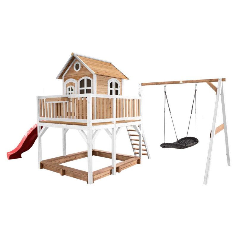 Garten-Spielhaus Stelzenhaus Liam Holz Braun Weiss mit Sandkasten- Mehrkind-Schaukel Roxy und Rutsche Rot