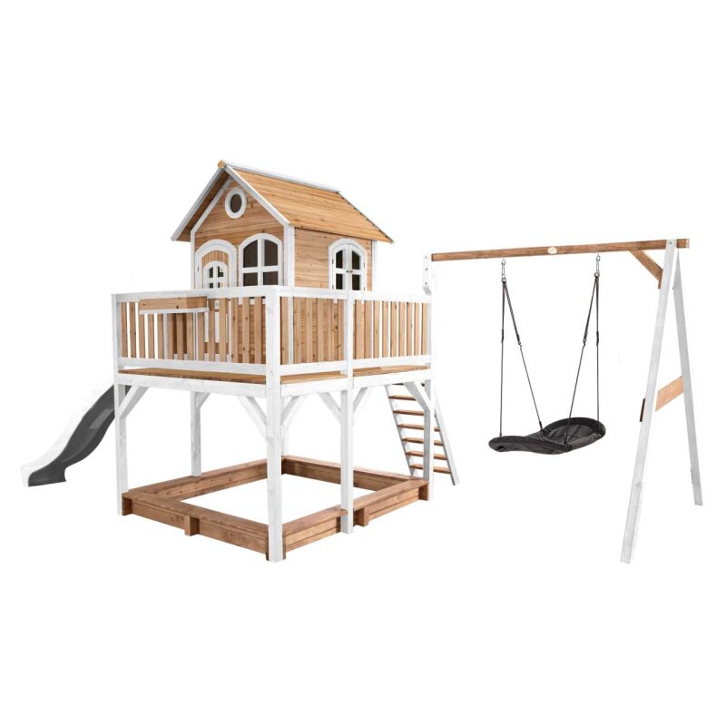 Garten-Spielhaus Stelzenhaus Liam Holz Braun Weiss mit Sandkasten- Mehrkind-Schaukel Roxy und Rutsche Weiss