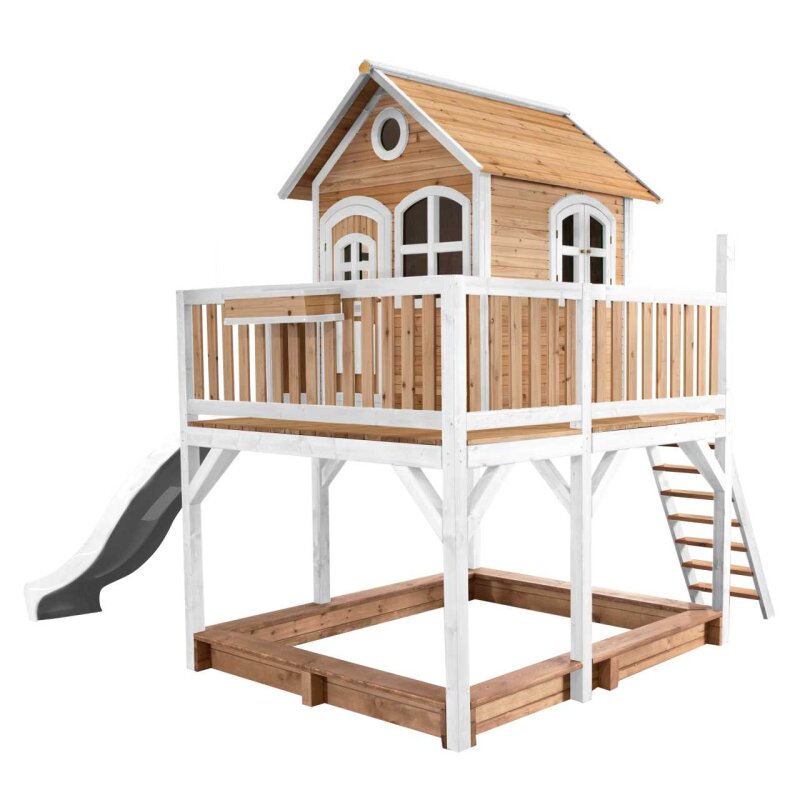 Garten-Spielhaus Stelzenhaus Liam Holz Braun Weiss mit Sandkasten und Rutsche Weiss