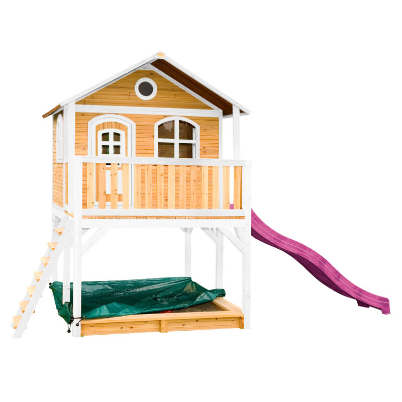 Garten-Spielhaus Stelzenhaus Marc Holz Braun Weiss mit Sandkasten und Rutsche Pink