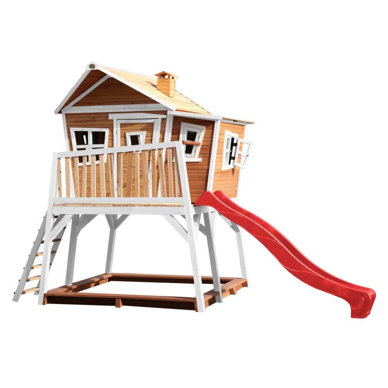 Garten-Spielhaus Stelzenhaus Max asymmetrisch Holz Braun Weiss mit Sandkasten- Anbau und Rutsche Rot unter For Kids > Garten Klettergerste