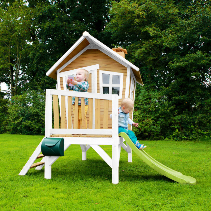 Garten-Spielhaus Stelzenhaus Robin asymmetrisch Holz Braun Weiss mit Rutsche Grn