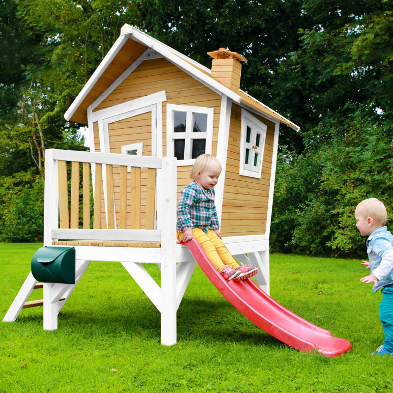 Garten-Spielhaus Stelzenhaus Robin asymmetrisch Holz Braun Weiss mit Rutsche Rot