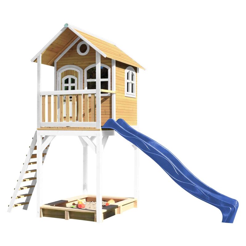 Garten-Spielhaus Stelzenhaus Romy Holz Braun Weiss mit Sandkasten und Rutsche Blau unter For Kids > Garten Klettergerste