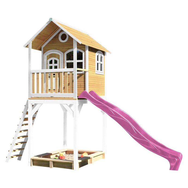 Garten-Spielhaus Stelzenhaus Romy Holz Braun Weiss mit Sandkasten und Rutsche Pink