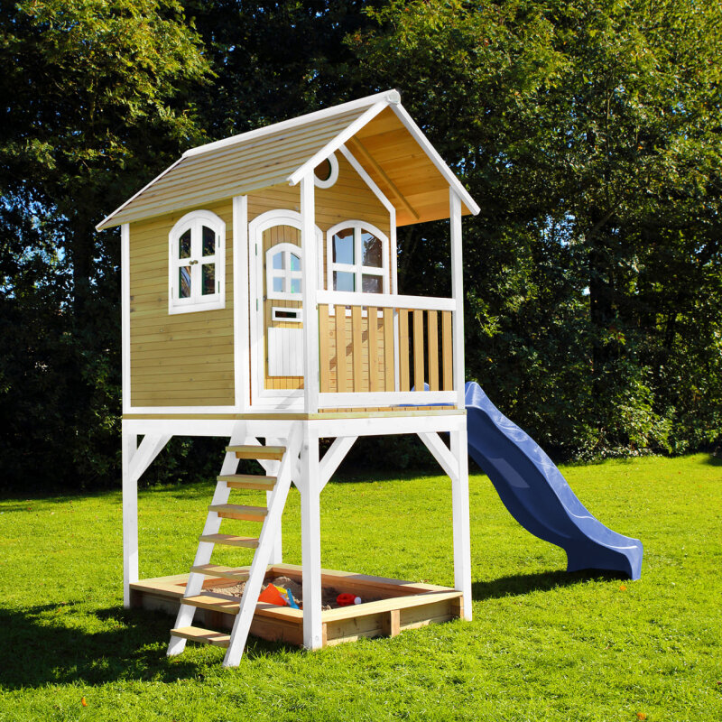 Garten-Spielhaus Stelzenhaus Sarah Holz Braun Weiss mit Sandkasten und Rutsche Blau