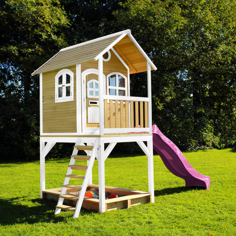 Garten-Spielhaus Stelzenhaus Sarah Holz Braun Weiss mit Sandkasten und Rutsche Pink unter For Kids > Garten Klettergerste