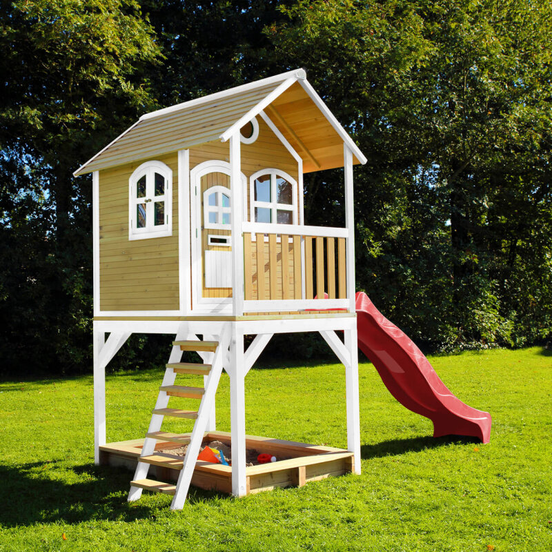 Garten-Spielhaus Stelzenhaus Sarah Holz Braun Weiss mit Sandkasten und Rutsche Rot