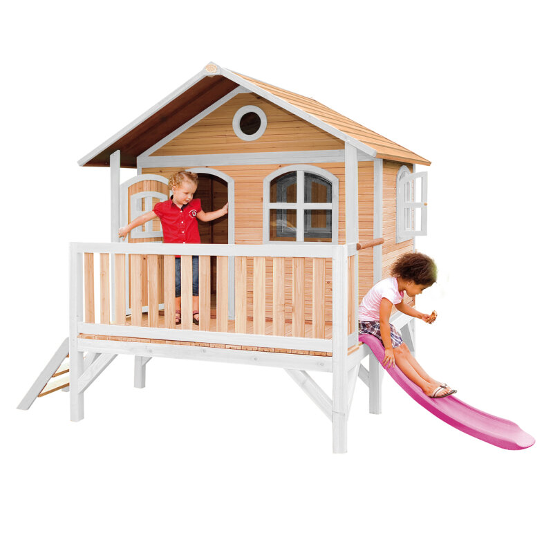 Garten-Spielhaus Stelzenhaus Stef Holz Braun Weiss mit Rutsche Pink