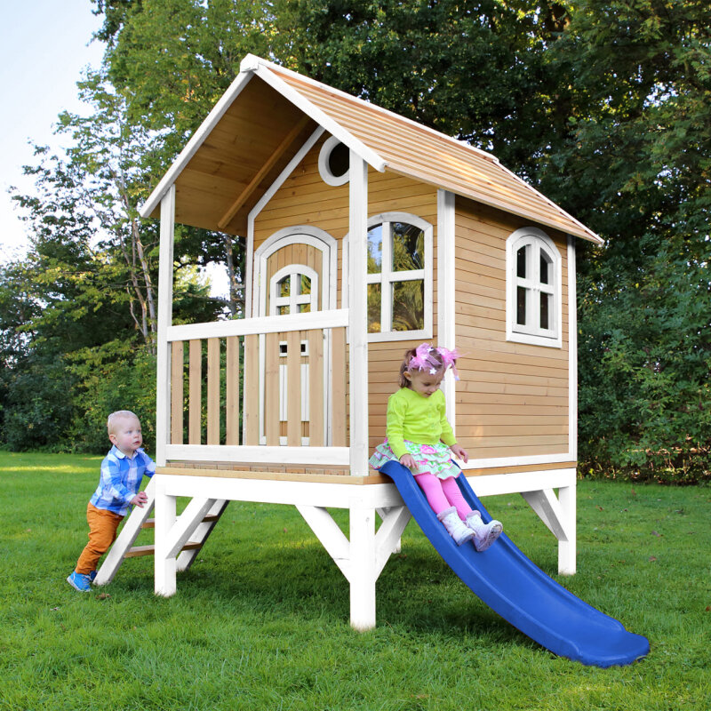 Garten-Spielhaus Stelzenhaus Tom Holz Braun Weiss mit Rutsche Blau