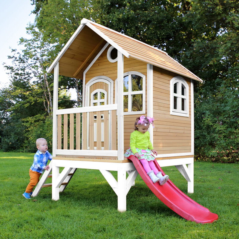 Garten-Spielhaus Stelzenhaus Tom Holz Braun Weiss mit Rutsche Rot