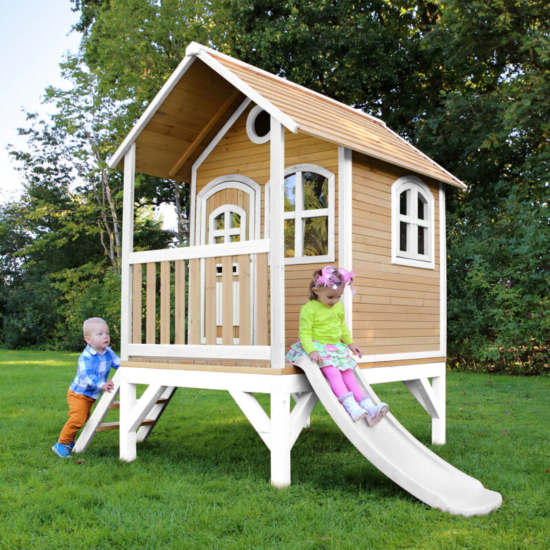 Garten-Spielhaus Stelzenhaus Tom Holz Braun Weiss mit Rutsche Weiss