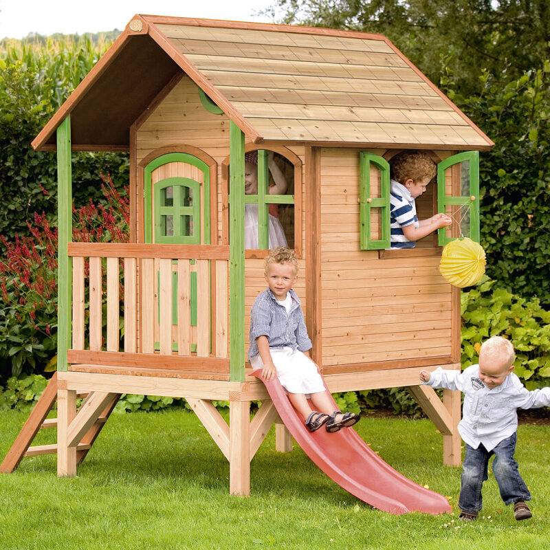 Garten-Spielhaus Tom fr Kinder Holz Braun Grn mit Rutsche