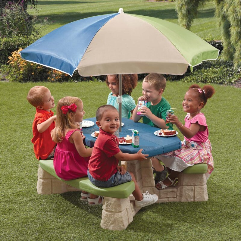 Kinder-Sitzgruppe Picknick-Set Steinoptik blau grn inkl- Sonnenschirm fr 6 Kinder