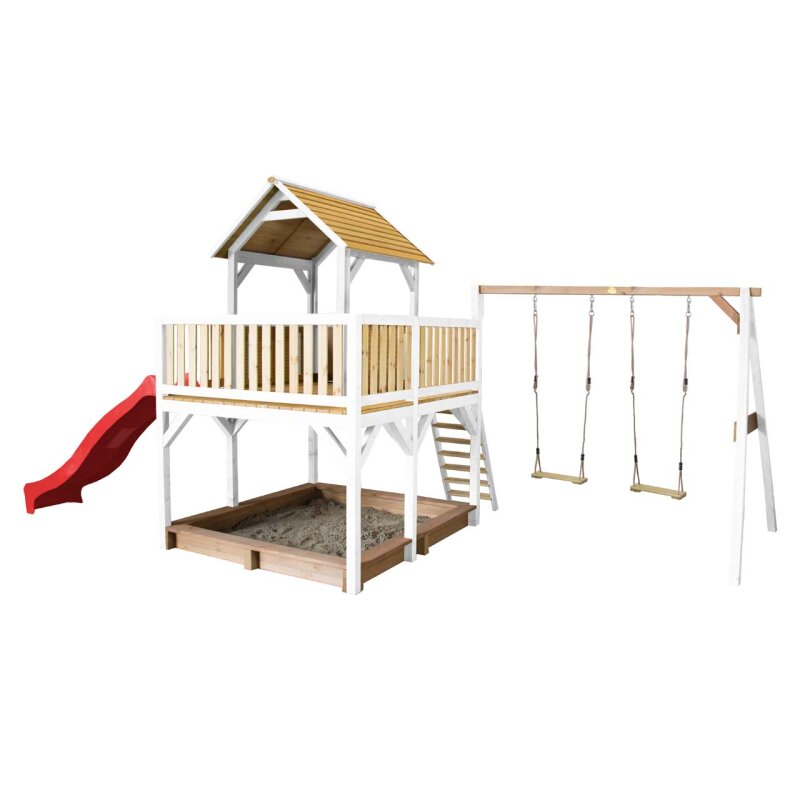 Kinder-Spielhaus Spielturm Atka Holz Braun Weiss mit Clubhaus- Sandkasten- Doppelschaukel und Rutsche Rot