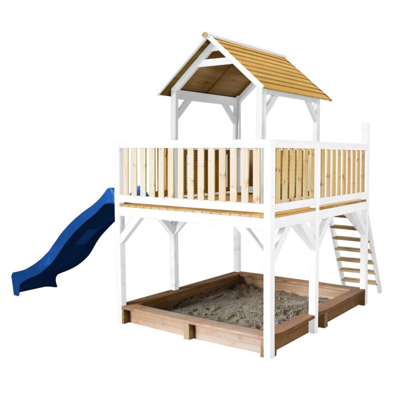 Kinder-Spielhaus Spielturm Atka Holz Braun Weiss mit Clubhaus- Sandkasten und Rutsche Blau