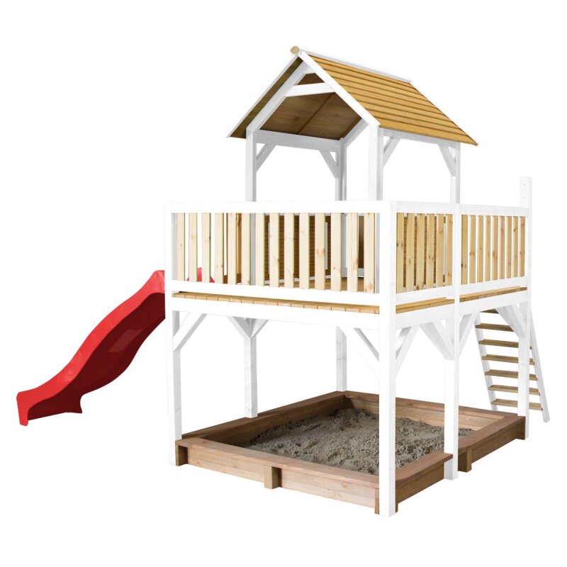 Kinder-Spielhaus Spielturm Atka Holz Braun Weiss mit Clubhaus- Sandkasten und Rutsche Rot