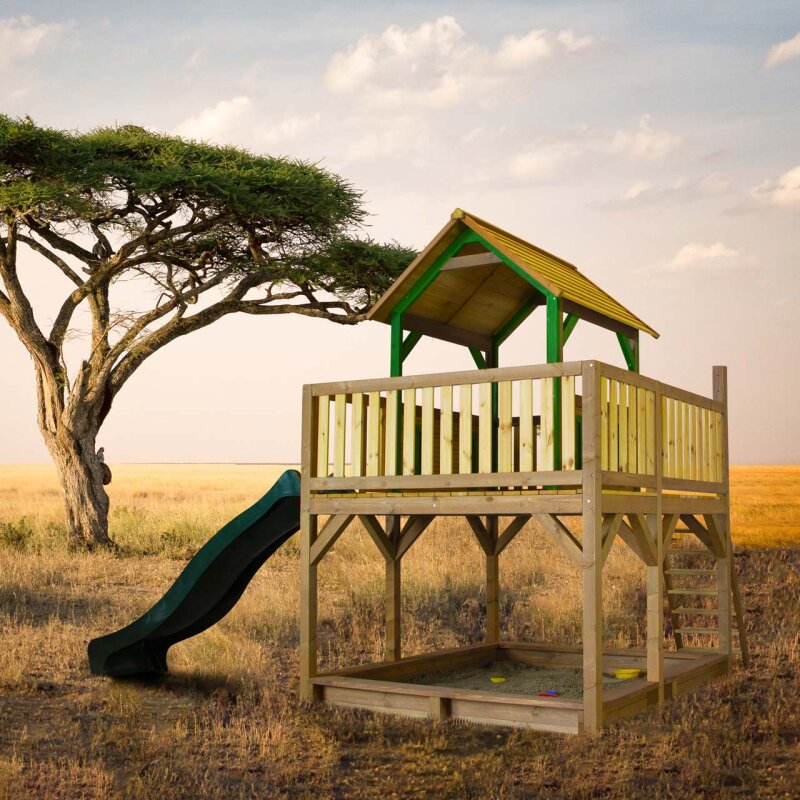 Kinder-Spielhaus Spielturm Atka Holz mit Clubhaus- Rutsche- Sandkasten