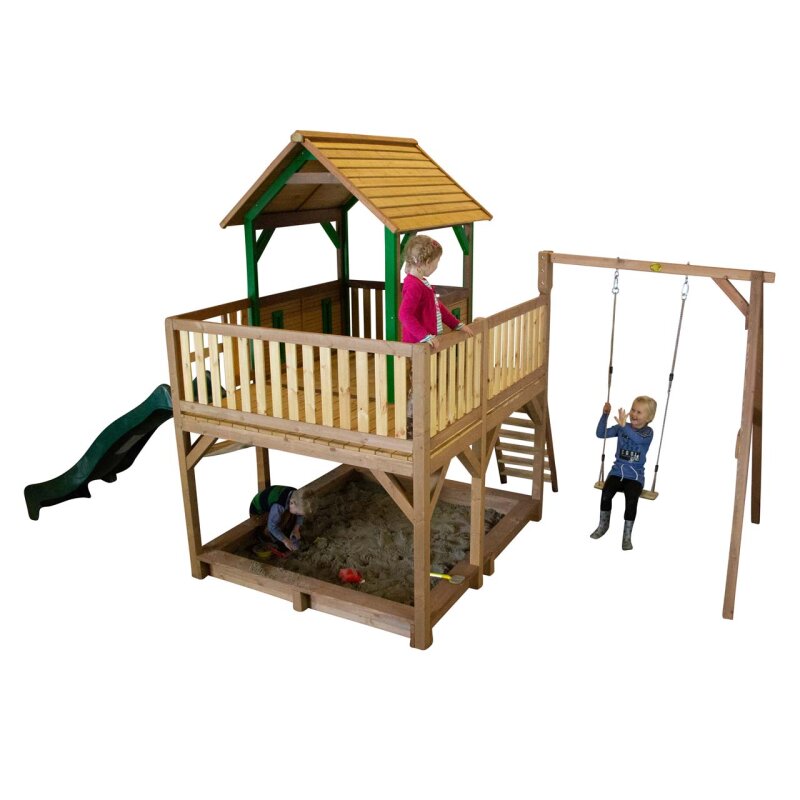 Kinder-Spielhaus Spielturm Atka Holz mit Clubhaus- Rutsche- Sandkasten und Schaukel