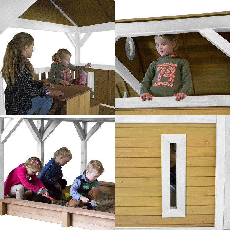 Kinder-Spielhaus Spielturm Simba Holz Braun Weiss mit Clubhaus- Sandkasten und Rutsche Grn