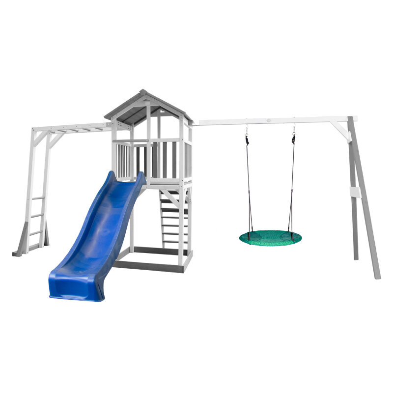 Kinder-Spielturm Spielhaus Beach Tower Holz Weiss Grau mit Sandkasten- Nest-Schaukel- Affenstange und Rutsche Blau unter For Kids > Garten Klettergerste