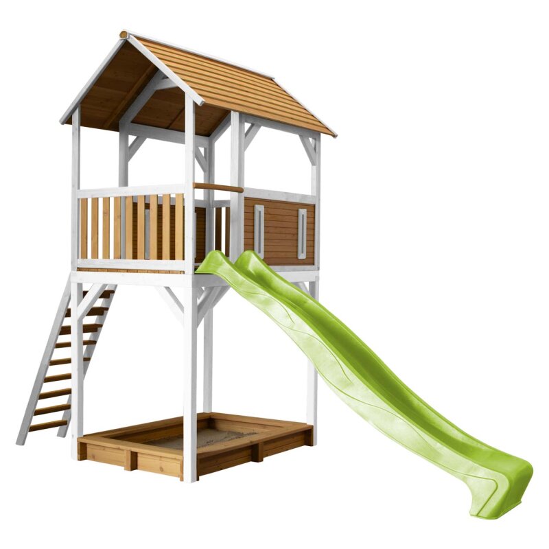Kinder-Spielturm Spielhaus Dory Holz Braun Weiss mit Clubhaus- Sandkasten und Rutsche Grn