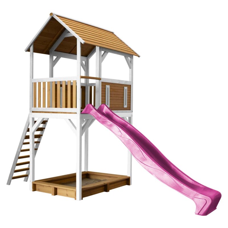 Kinder-Spielturm Spielhaus Dory Holz Braun Weiss mit Clubhaus- Sandkasten und Rutsche Pink