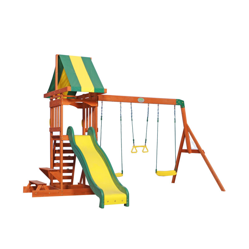 Kinder-Spielturm Spielhaus Sunnydale Holz Braun Gelb Grün mit Sandkasten- Schaukeln und Rutschen