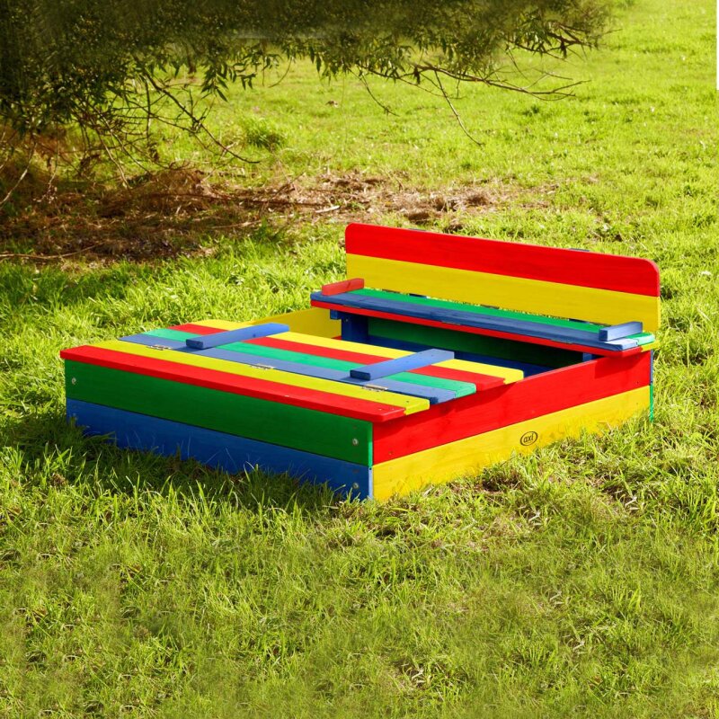 Sandkasten Ella mit Deckel - Sitzbänken Regenbogenfarben
