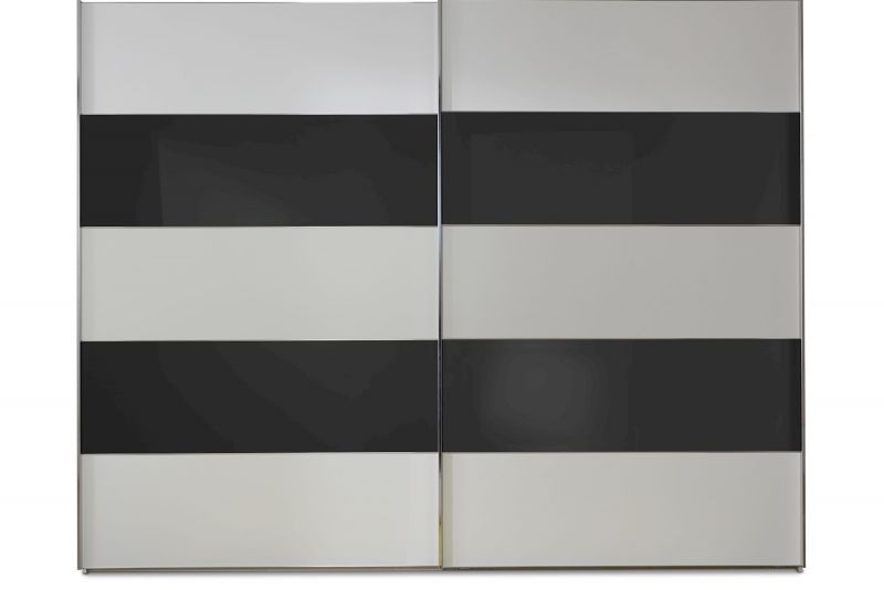 Schwebetrenschrank Genius in Weiss mit Schwarzem Glas 300 cm x 217 cm