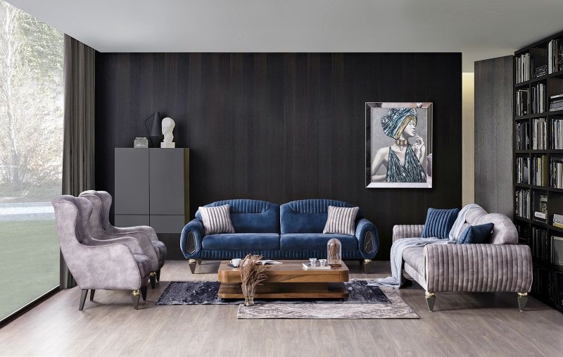 Weltew Sofa Garnitur mit Sessel Lizbon Grau und Blau
