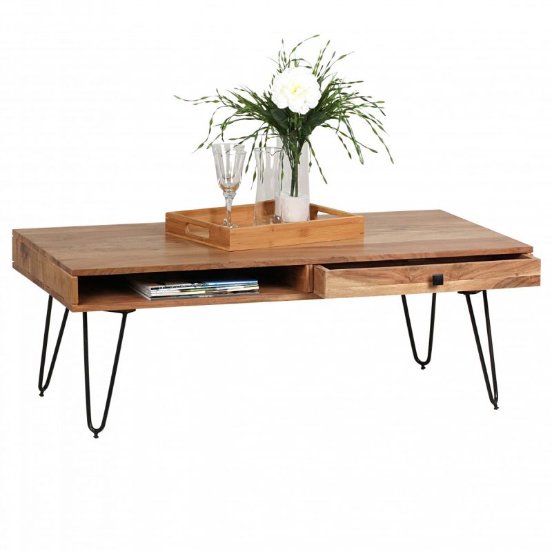 WOHNLING Couchtisch Massiv-Holz Akazie 120 cm breit Wohnzimmer-Tisch Design Metallbeine Landhaus-Stil Beistelltisch
