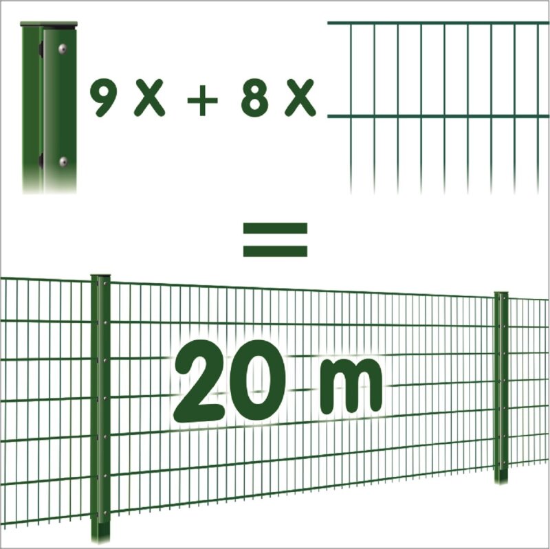 Zaunpaket 2030 mm - moosgrn RAL6005 6-5-6 20 m (8 Ma+9 Pf) unter Garten > Metallzaun-Sets